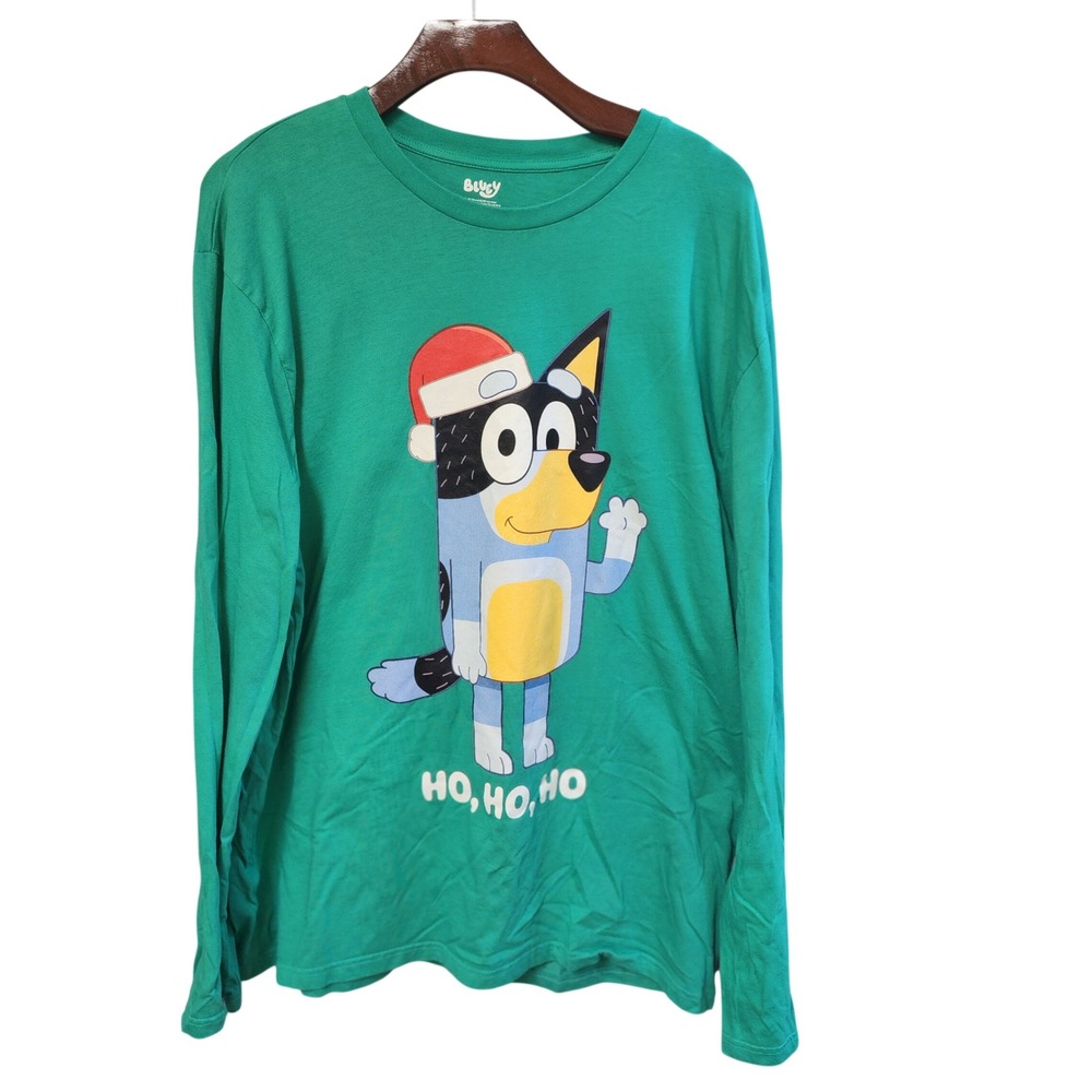 Bluey Christmas Bandit Ho Ho Ho Green Long Sleeve Graphic T-Shirt Mens XL